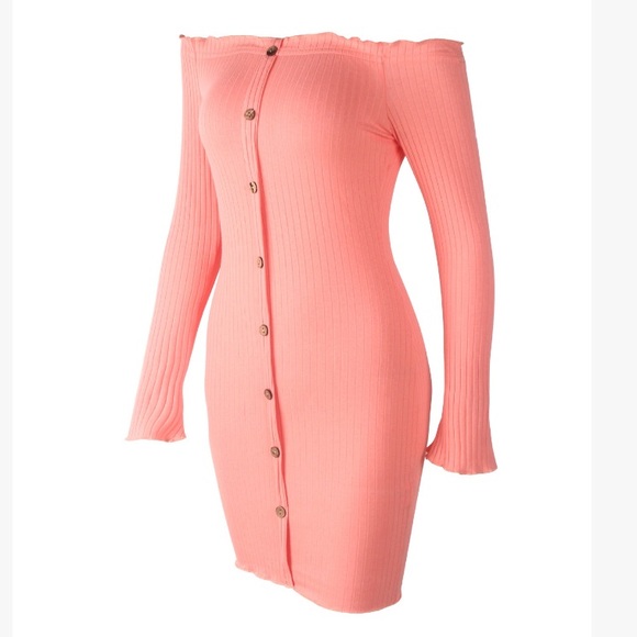 🌸🌸Sexy Peach Off Shoulder Button Up Dress - Picture 4 of 5